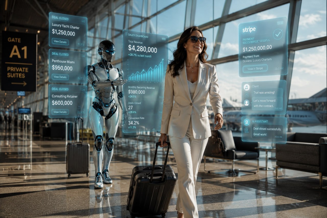 Business woman at airport, AI working