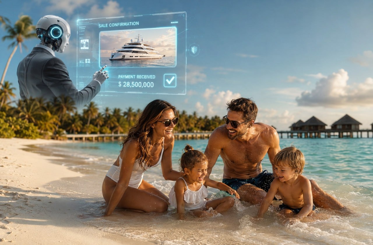 Family on beach, AI closing yacht sale